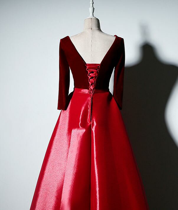 Dark Red Color Velvet and Satin V-neckline Long Prom Dress Evening Dresses, Red Color Bridesmaid Dress
